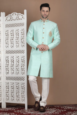 Mint Green Raw Silk Achkan with Handcrafted Zari Embroidery