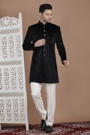 Black Cotton Velvet Achkan with Classic Minimal Finish