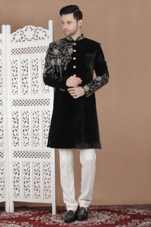Black Cotton Velvet Achkan with Regal Hand Embroidery