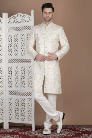 Ivory Heritage Patchwork Embroidered Achkan in Premium Silk-Finish Fabric