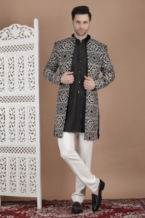 Men’s Black Silk Blend Embroidered Indo-Western