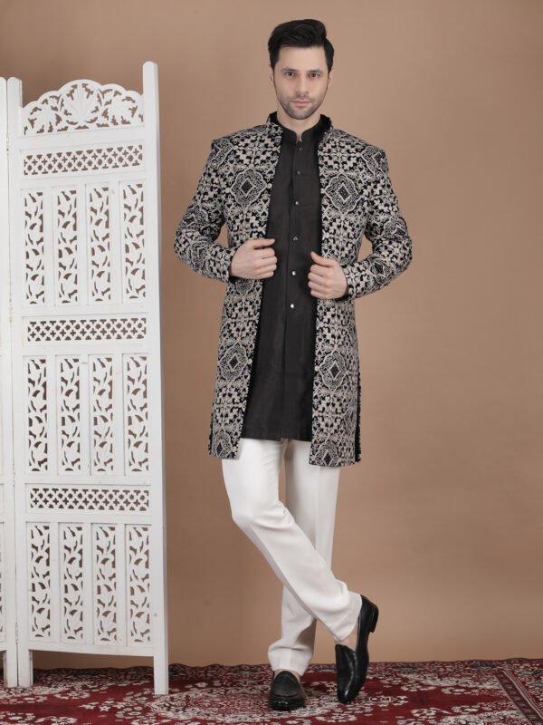 Black and silver embroidered indo western sherwani jacket with white churidar for men wedding wear