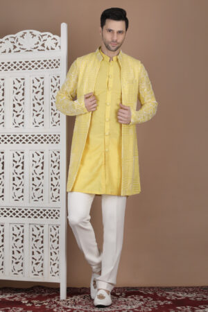 Men’s Yellow Silk Blend Kurta with Embroidered Sleeves & Indo-Western Jacket Set