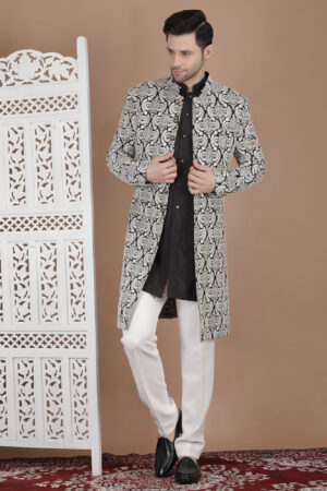 Men’s Black Silk Blend Heavy Embroidered Indo-Western