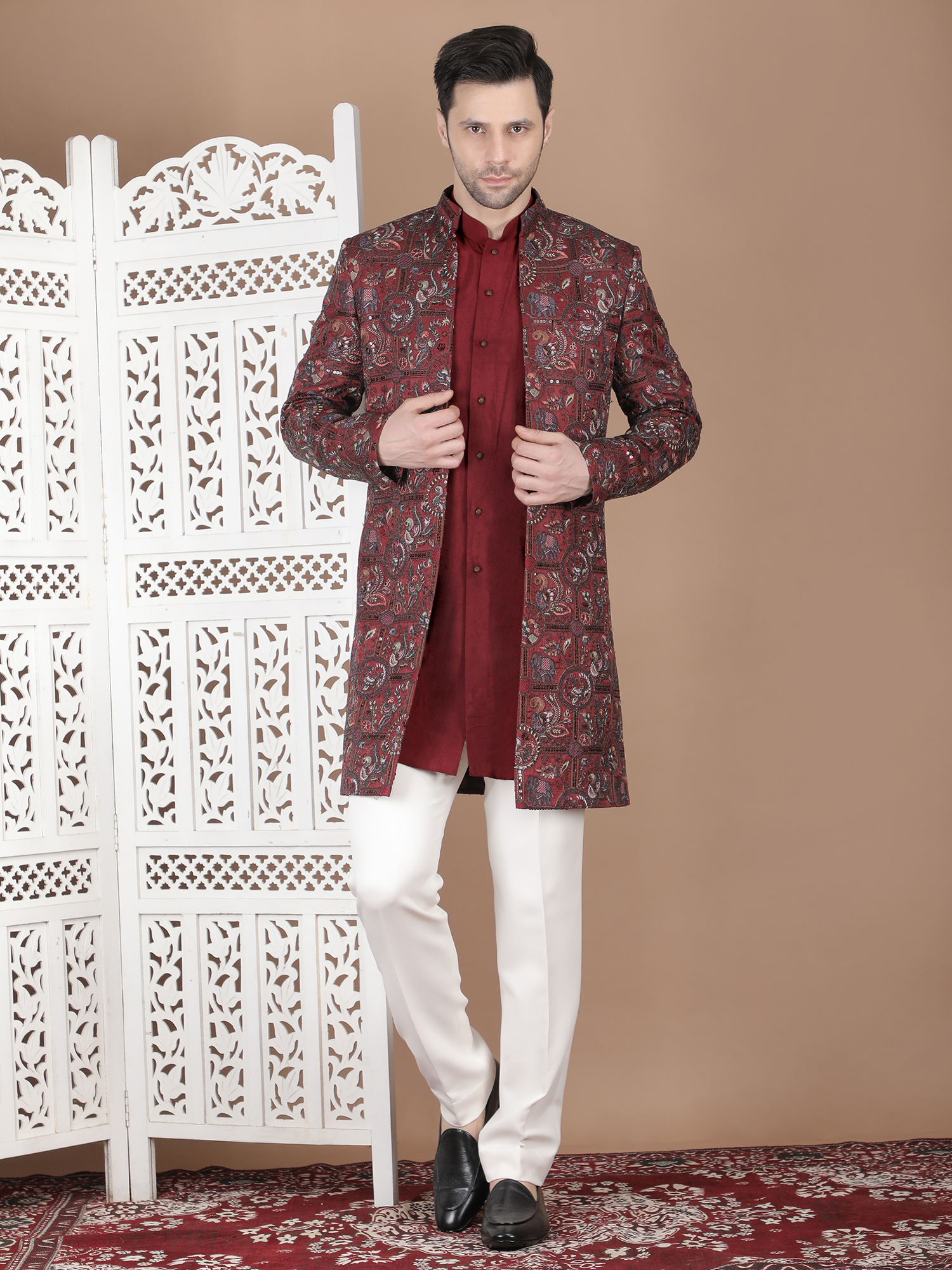Men’s Maroon Silk Blend Heavy Embroidered Indo-Western