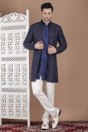 Men’s Black & Wine Textured Embellished Indo-Western