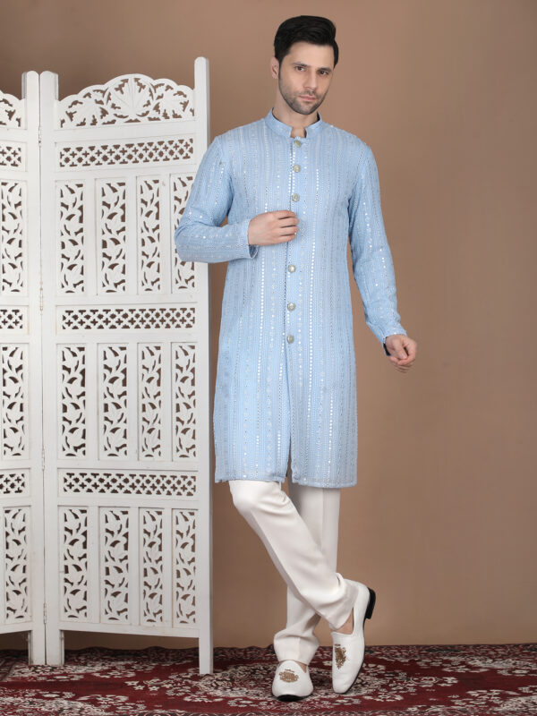Sky Blue Lucknowi Embroidered Kurta Set for Men with Mirror Work | Festive & Wedding Wear