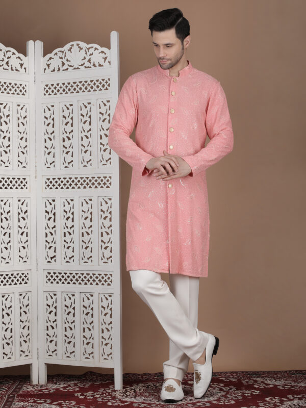 Blush Pink Heavy Lucknowi Embroidered Kurta Set for Men with Pant/Pajama | Wedding & Festive Wear
