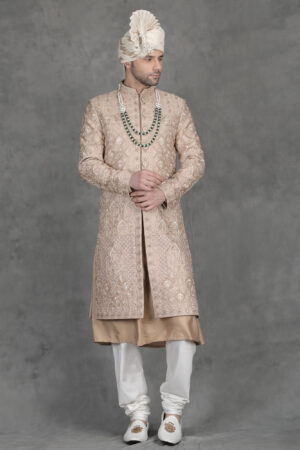 Blush Beige Silk Sherwani with Geometric & Resham Embroidery