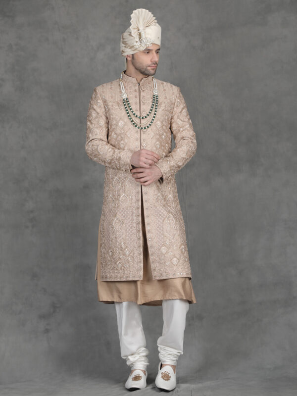 Peach thread embroidery sherwani for groom with detailed floral pattern and premium handcrafted design