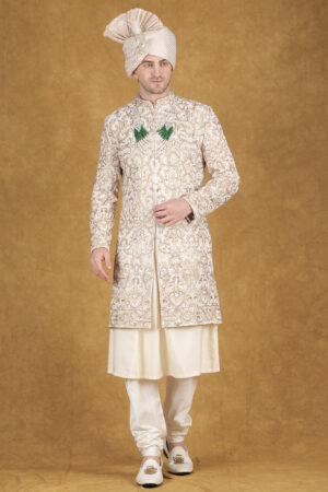 Champagne Gold Silk Velvet Sherwani with Zari & Resham Embroidery