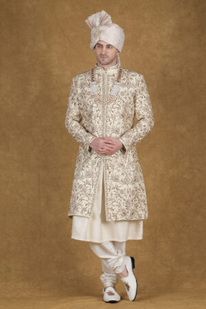 Champagne Gold Silk Velvet Sherwani with Floral Zari & Resham Embroidery