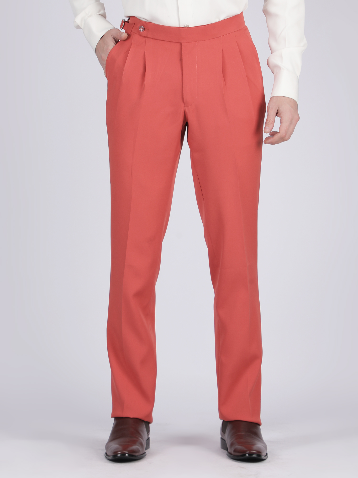 Coral Red Formal Flat-Front Trousers for Men - Image 2