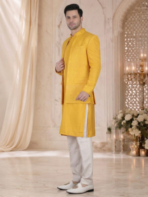 Yellow Thread Embroidery Bandhgala Set for Haldi Ceremony