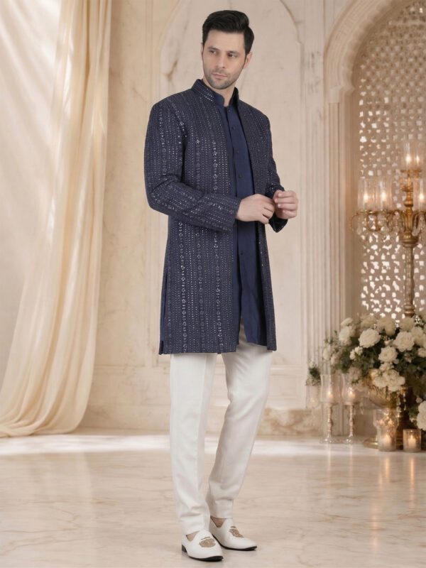 Navy Blue Indo Western Sherwani for Men – Sequin Embroidered