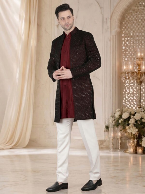 Maroon textured blazer with black pattern for men party wear jacket