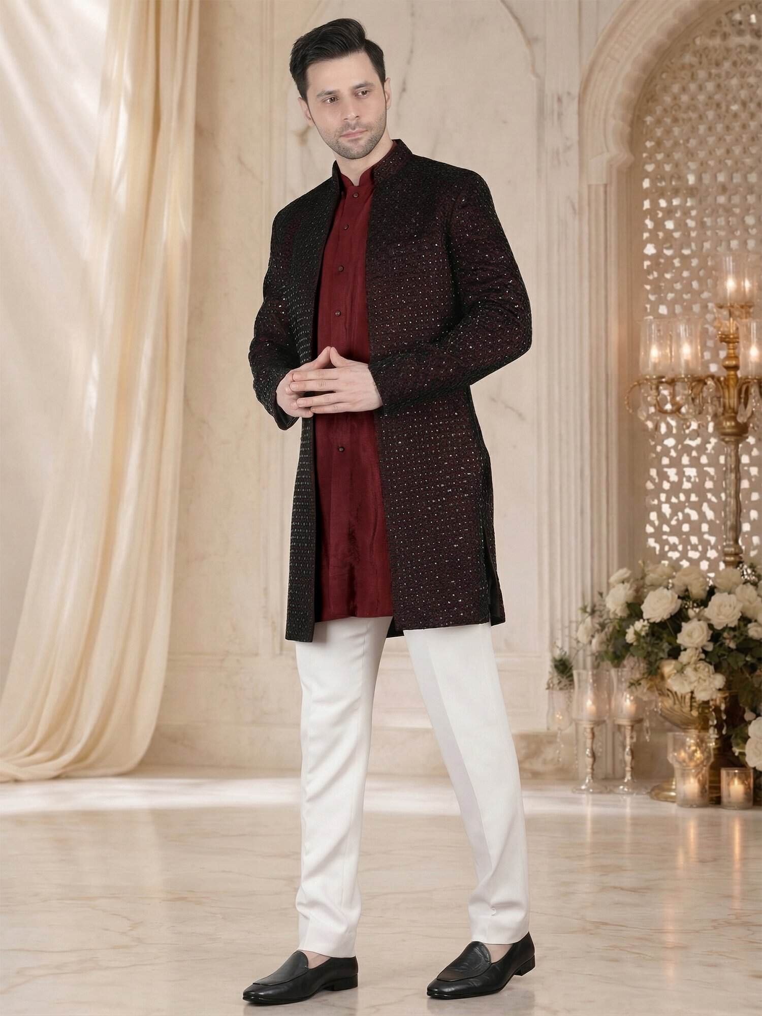 Maroon textured blazer with black pattern for men party wear jacket