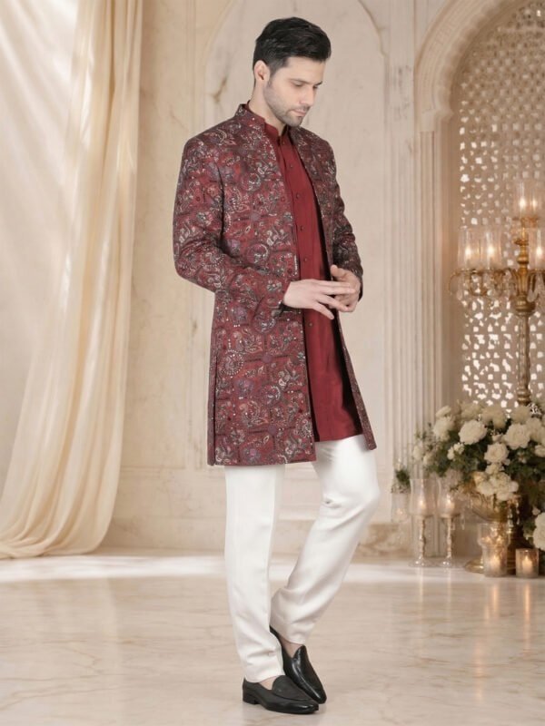 Maroon embroidered indo western sherwani with white churidar for men wedding festive wear