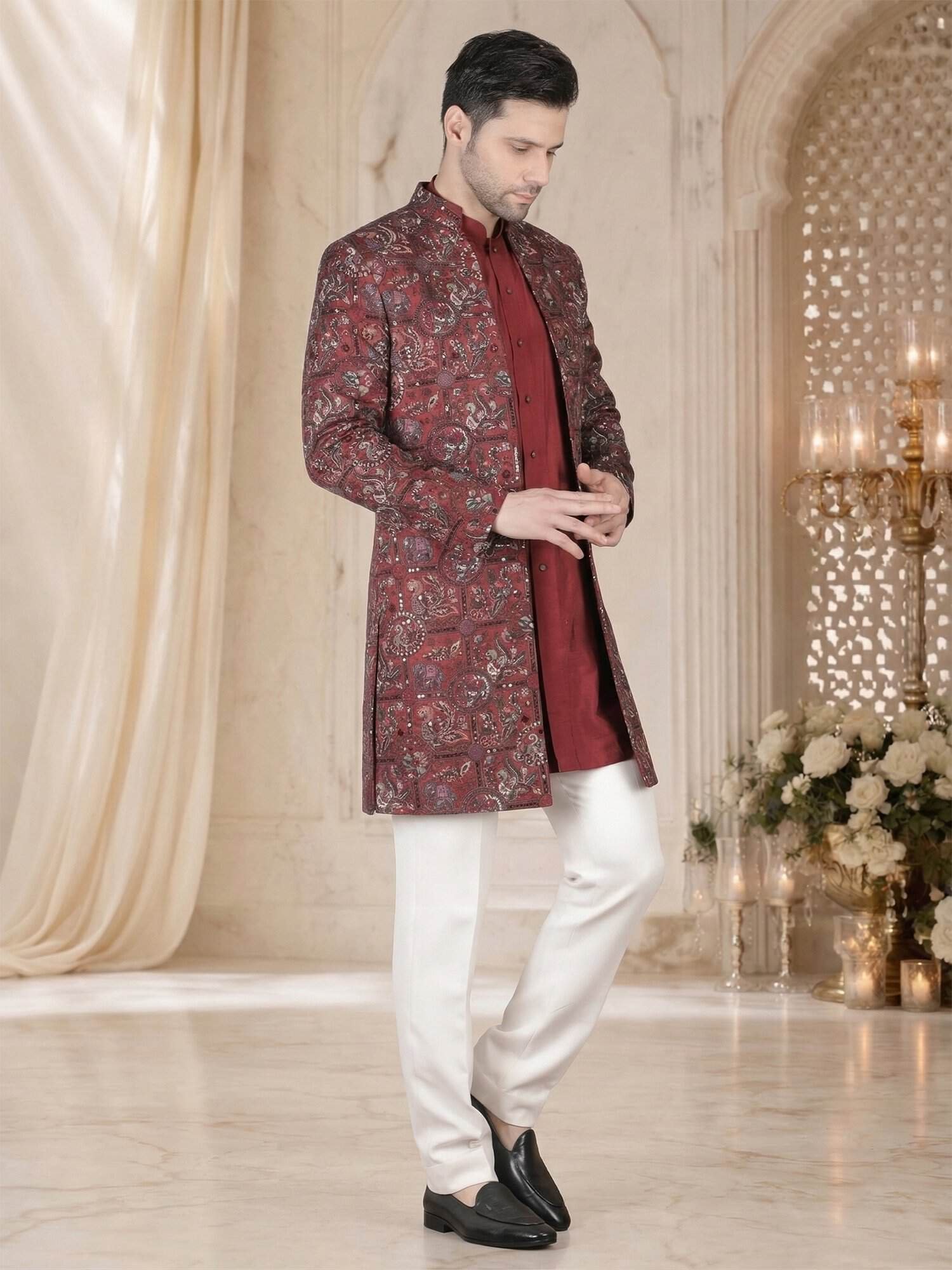 Maroon embroidered indo western sherwani with white churidar for men wedding festive wear