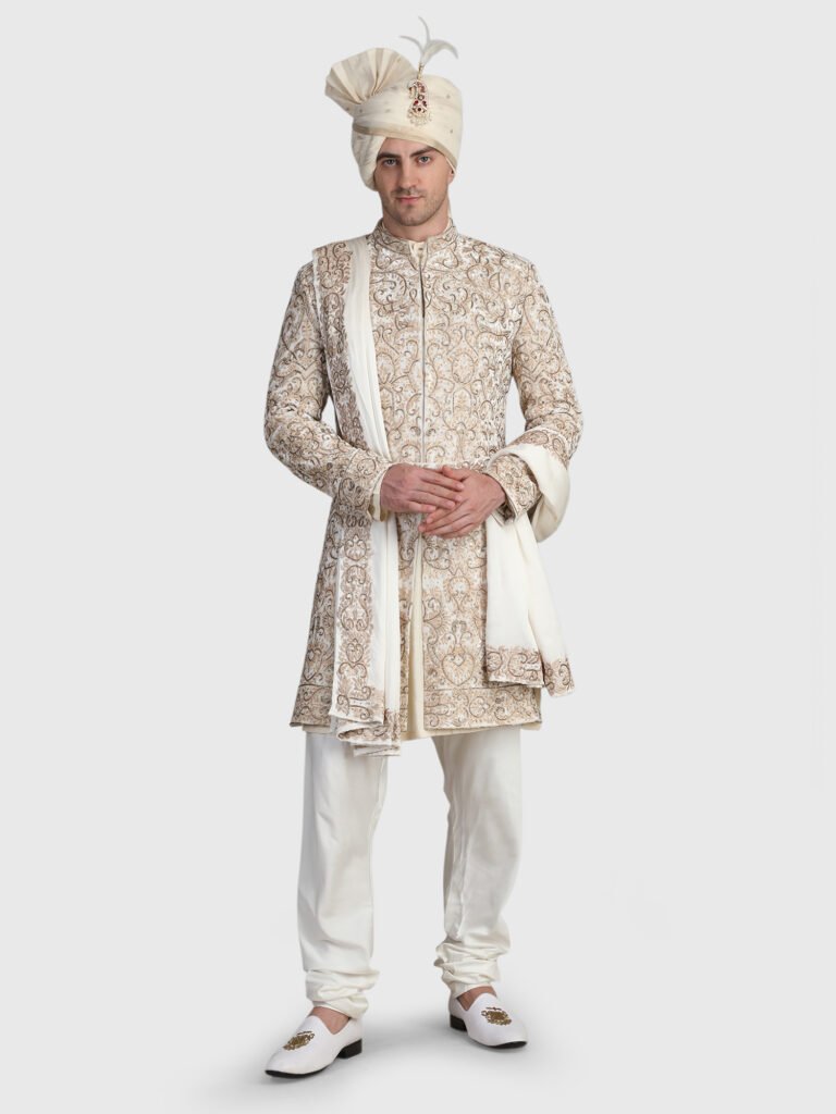 Ivory Hand Embroidered Sherwani Set for Men by Deshi Coast