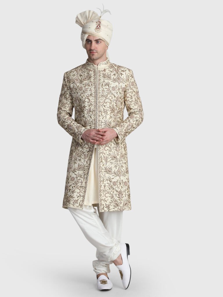 Ivory Heavy Embroidered Sherwani Set for Men by Deshi Coast