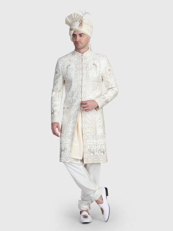 Groom Sherwani in Ivory with Heritage Hand Embroidery and Churidar