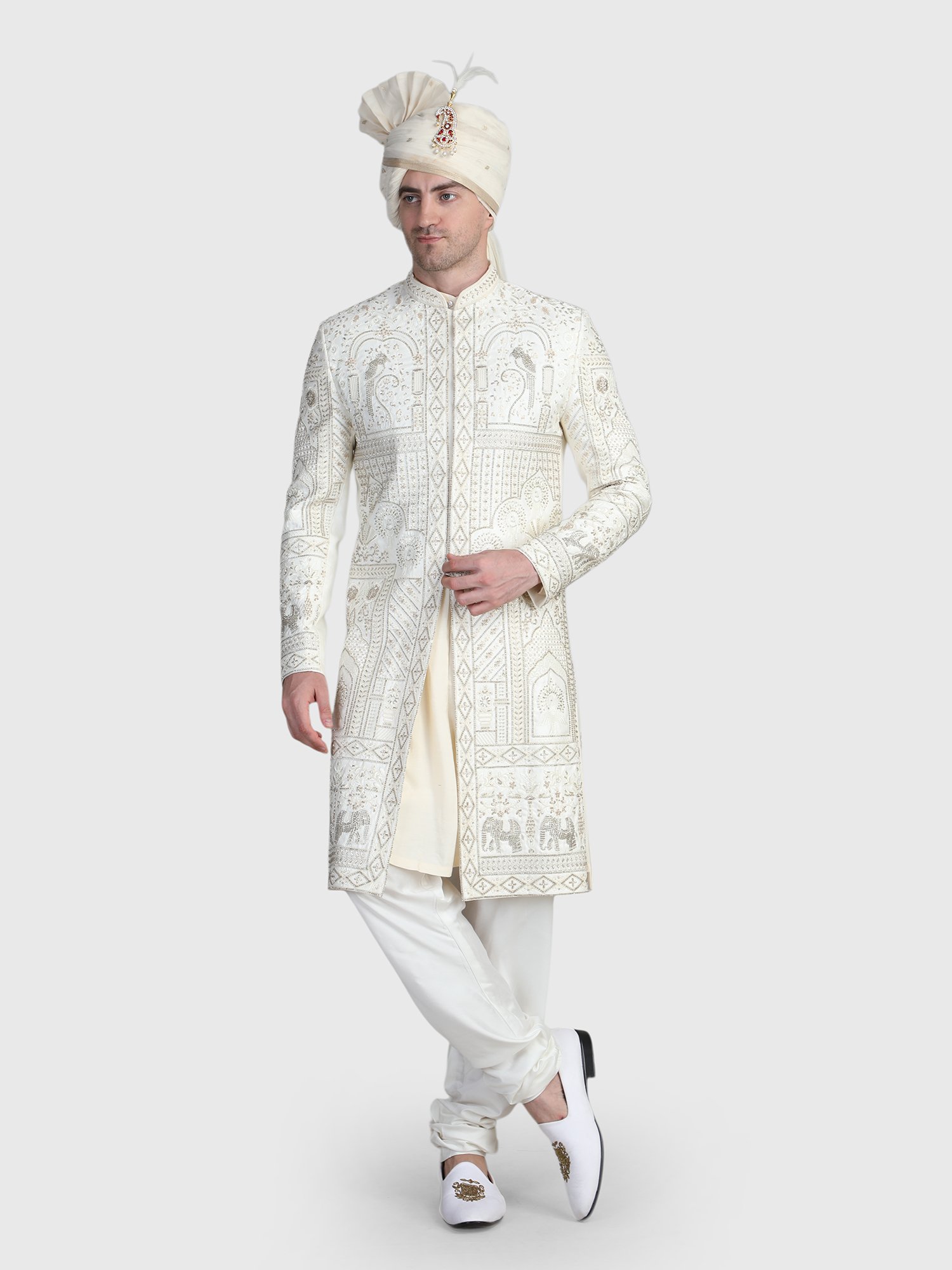 Groom Sherwani in Ivory with Heritage Hand Embroidery and Churidar