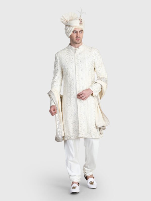 Luxury Wedding Sherwani for Men with Matching Stole, Churidar and Safa by Deshi Coast