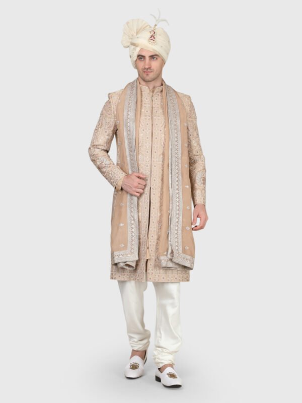 Designer Groom Sherwani for Men with Matching Stole, Churidar and Safa by Deshi Coast