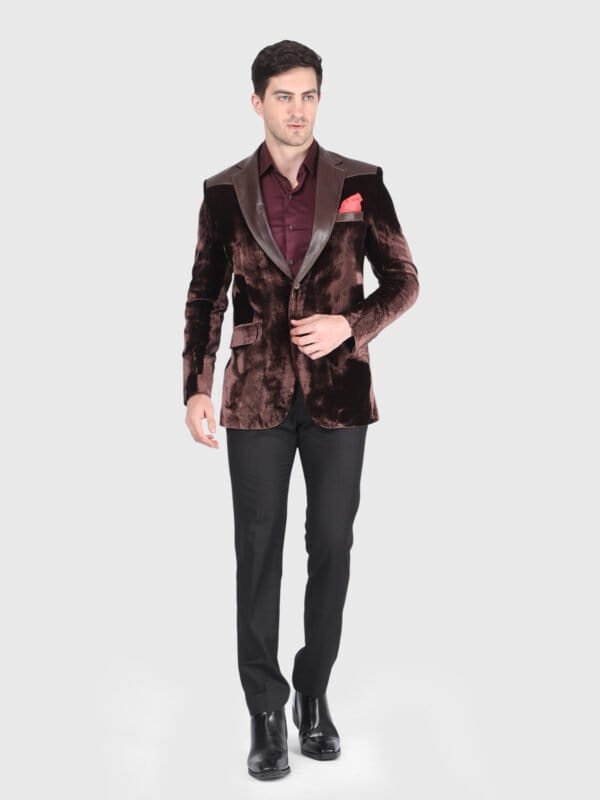 Brown Silk Velvet Blazer with Leather Trimming by Deshi Coast