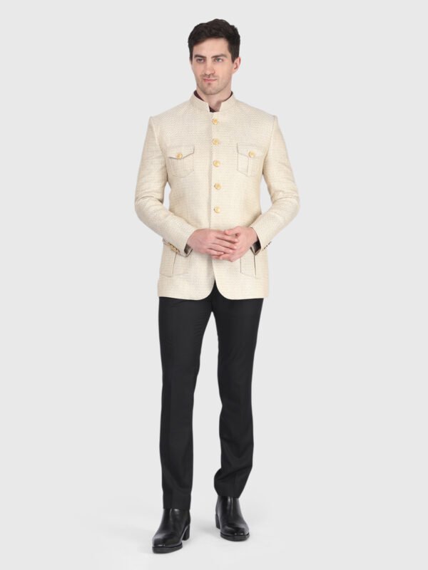 Cream Textured Bandhgala Suit for Men by Deshi Coast