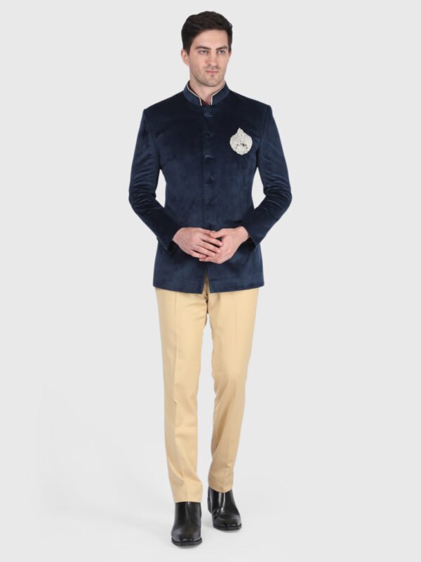 Navy Blue Velvet Bandhgala Suit for Men by Deshi Coast