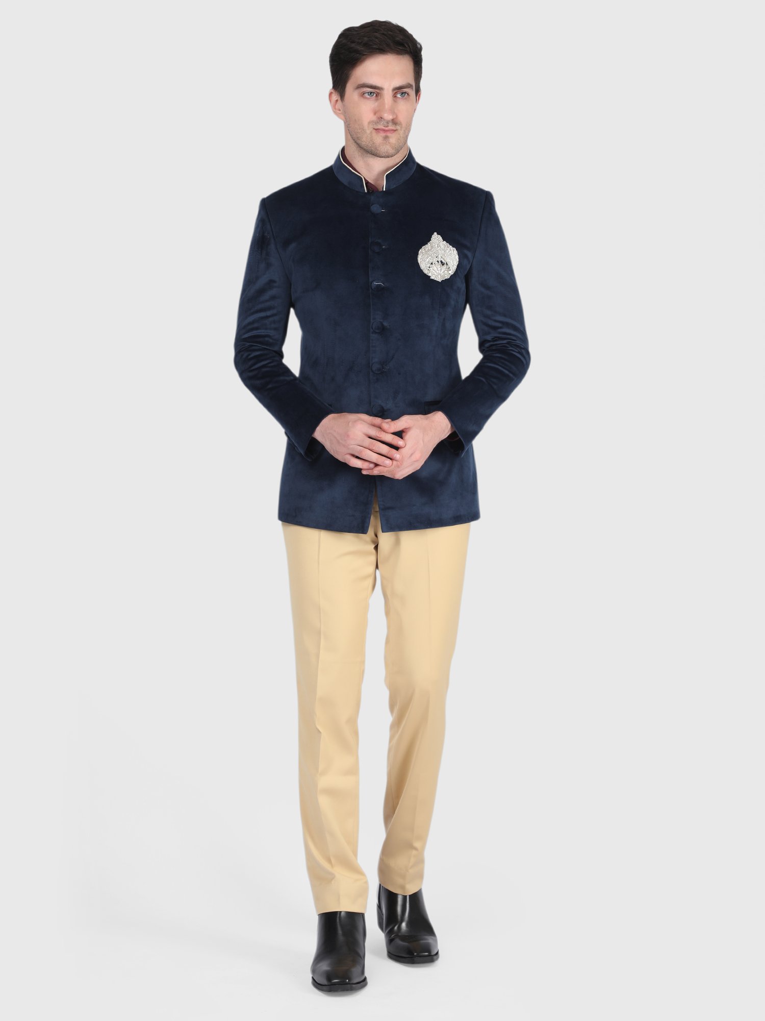 Navy Blue Velvet Bandhgala Suit for Men by Deshi Coast