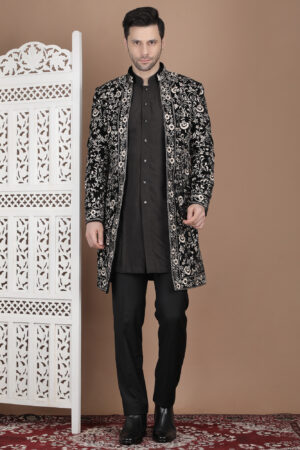 Men’s Black Velvet Heavy Embroidered Indo-Western