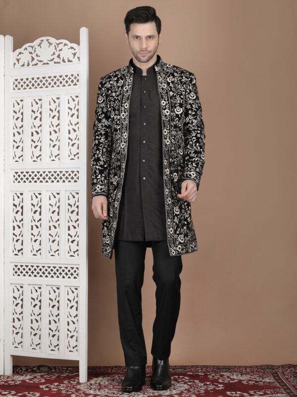 Black Indo Western Sherwani for Men Floral Designer Wear