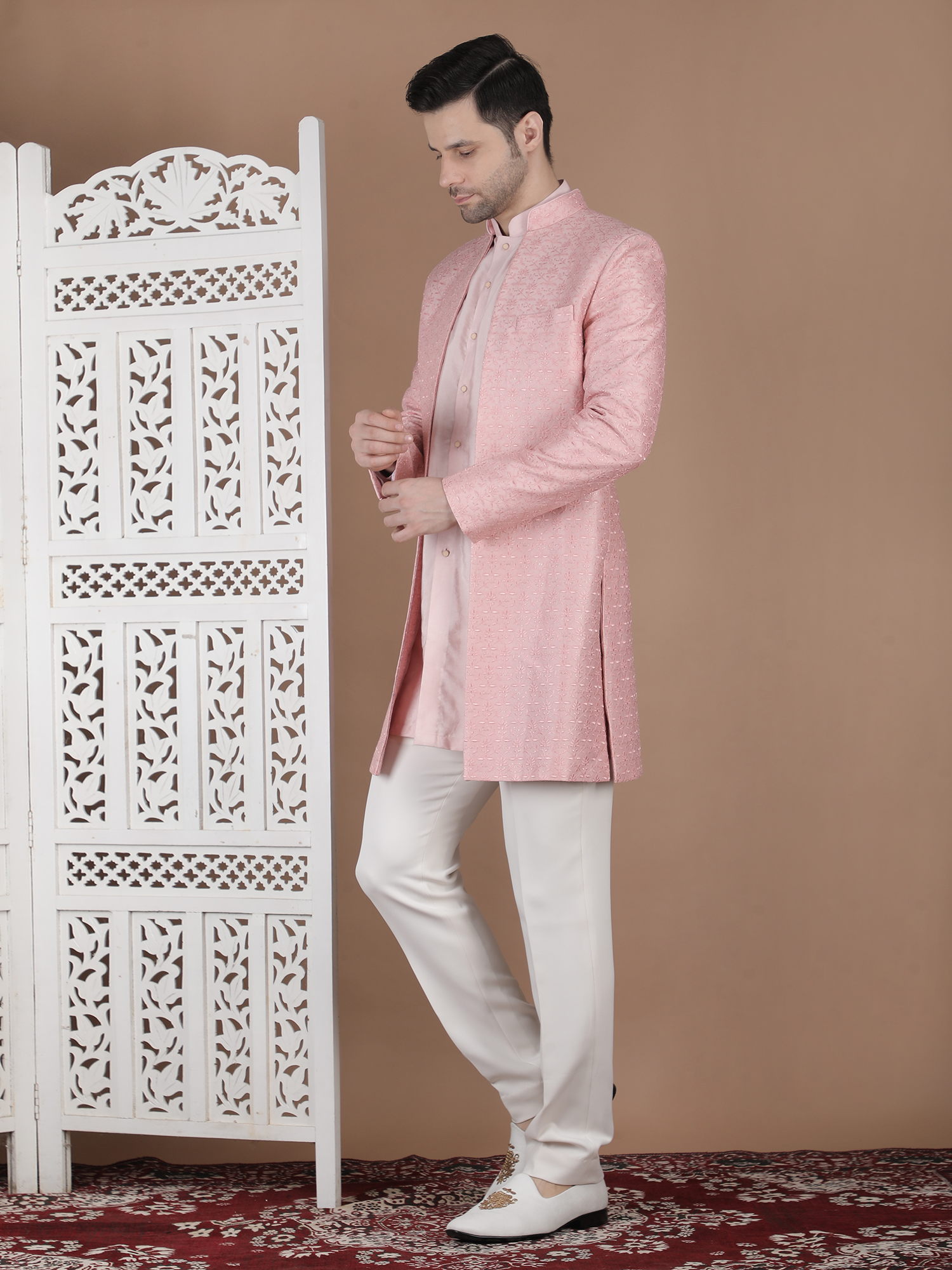 Blush Pink Embroidered Indo Western Sherwani for Men - Image 2