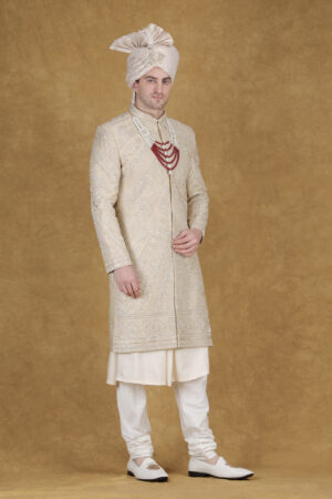 Ivory Gold Silk Sherwani with Geometric Zari & Resham Panel Embroidery