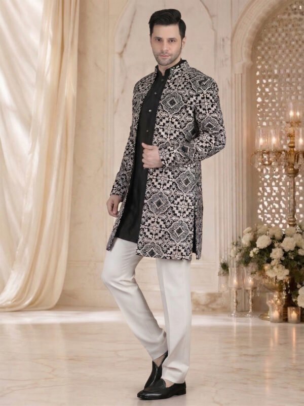 Grey black embroidered indo western sherwani jacket with white churidar for men festive wear