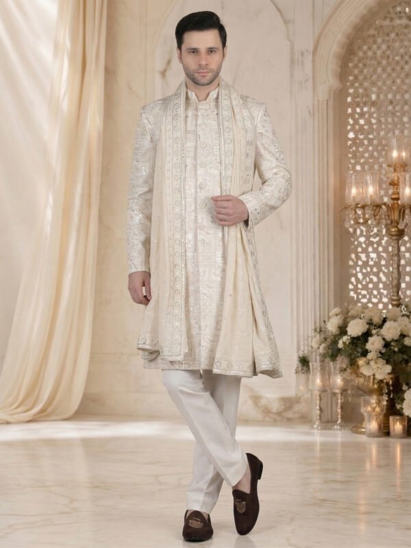 Cream embroidered sherwani with intricate pattern for men wedding wear