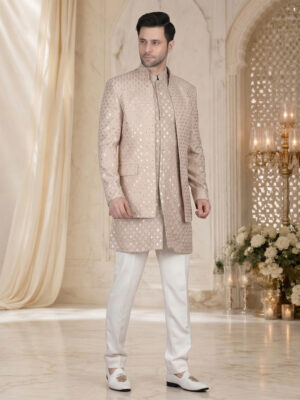 Beige Mirror Work Thread Embroidery Bandhgala for Reception
