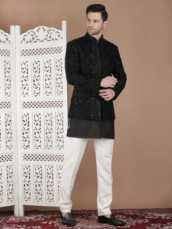 Black reception bandhgala with heavy sequin embroidery full textured surface