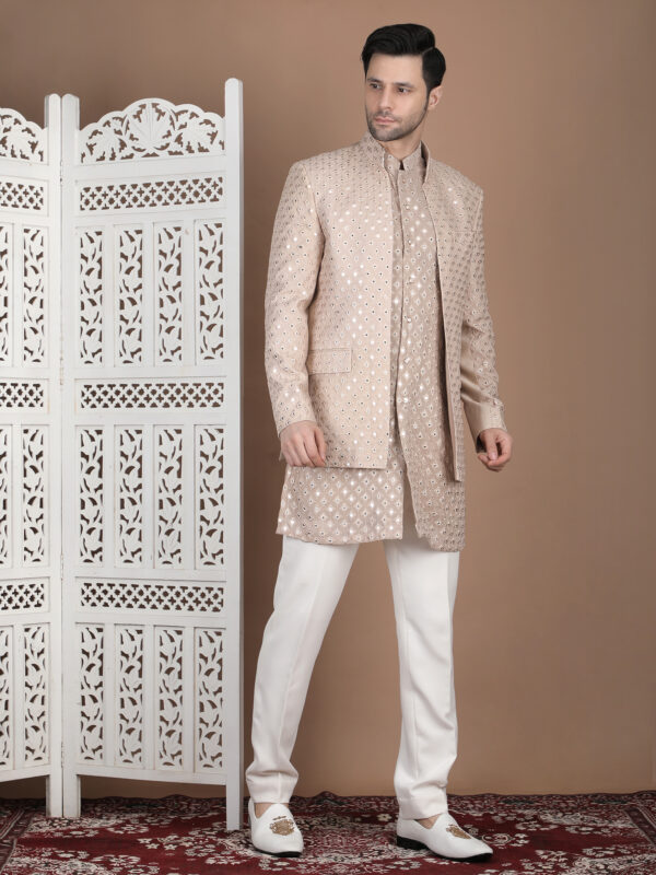 Beige reception bandhgala with mirror work and thread embroidery geometric pattern