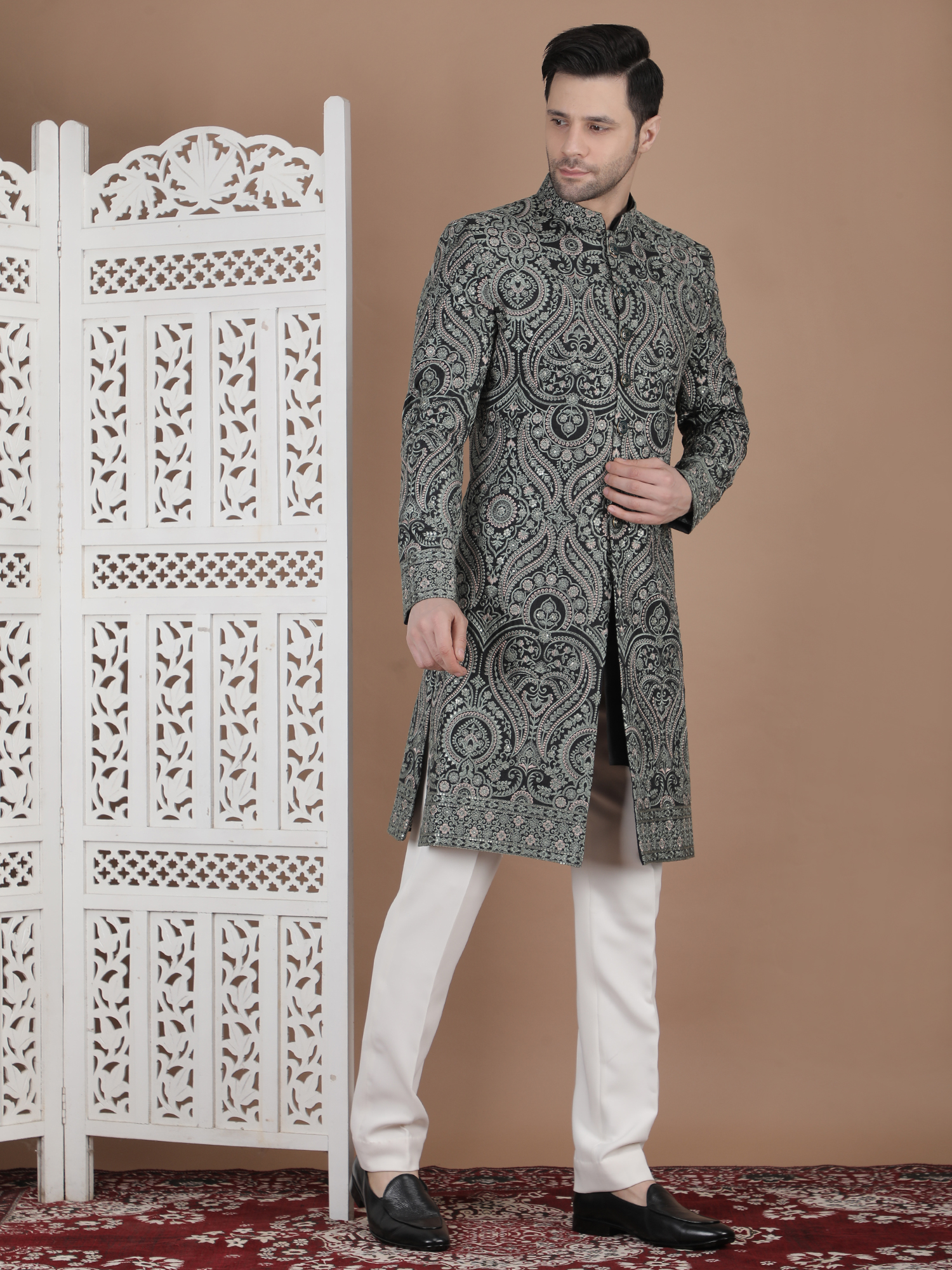 Imperial Charcoal Embroidered Achkan in Silk-Finish Fabric - Image 4