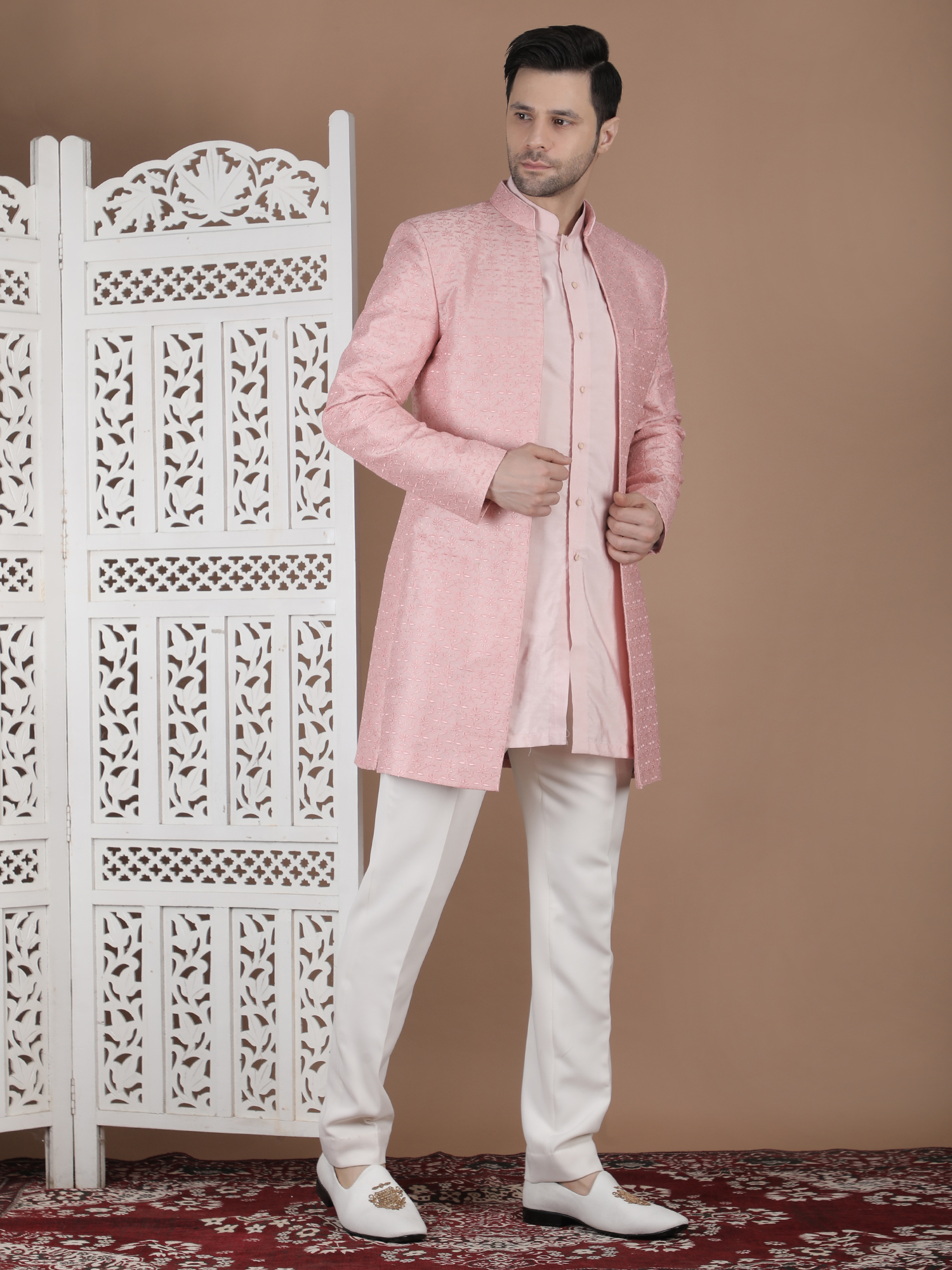 Blush Pink Embroidered Indo Western Sherwani for Men - Image 3