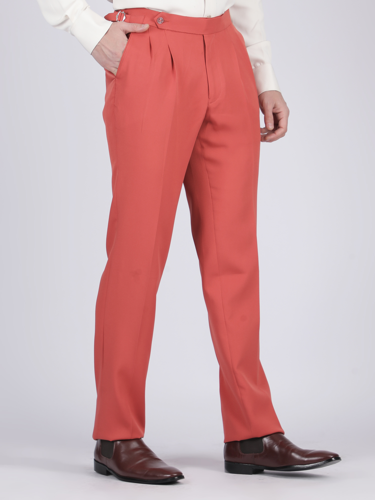 Coral Red Formal Flat-Front Trousers for Men - Image 4