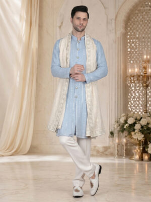 Sky blue thread embroidery kurta set reception vertical panel design