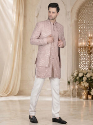 Blush Pink Mirror Work Thread Embroidery Bandhgala for Reception