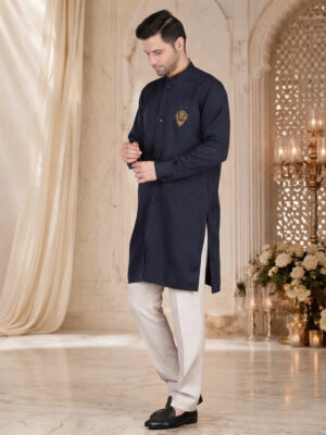 Navy Blue Minimal Embroidered achakan for Men