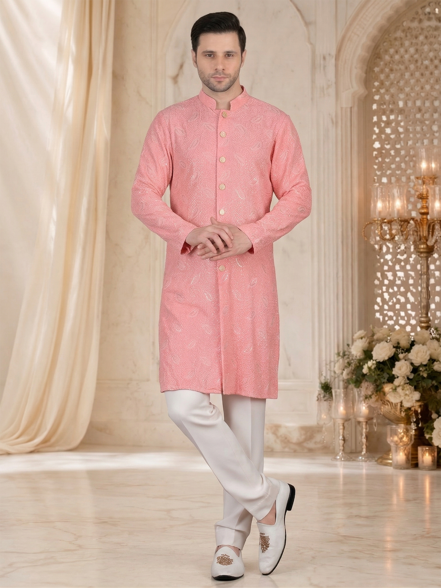 Peach Thread Embroidery Kurta Set for Reception - Image 2