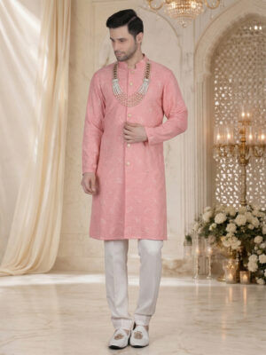 Peach thread embroidery kurta set reception subtle motif design